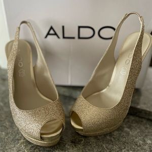 Also gold glitter open toe heels